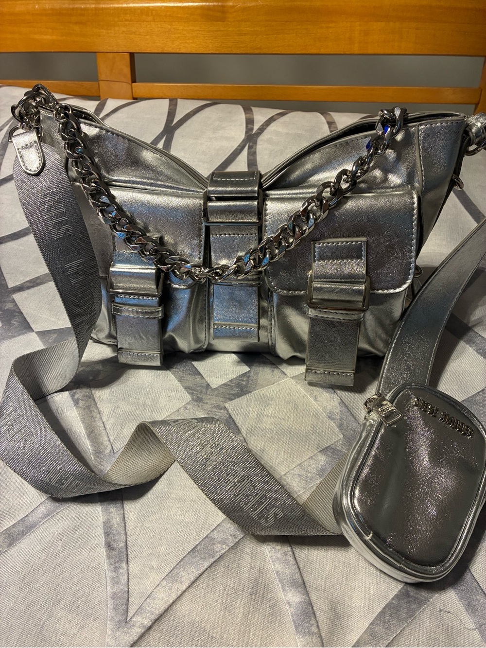 Steve Madden Metallic Silver Crossbody Bag with Chain and Utility Pockets